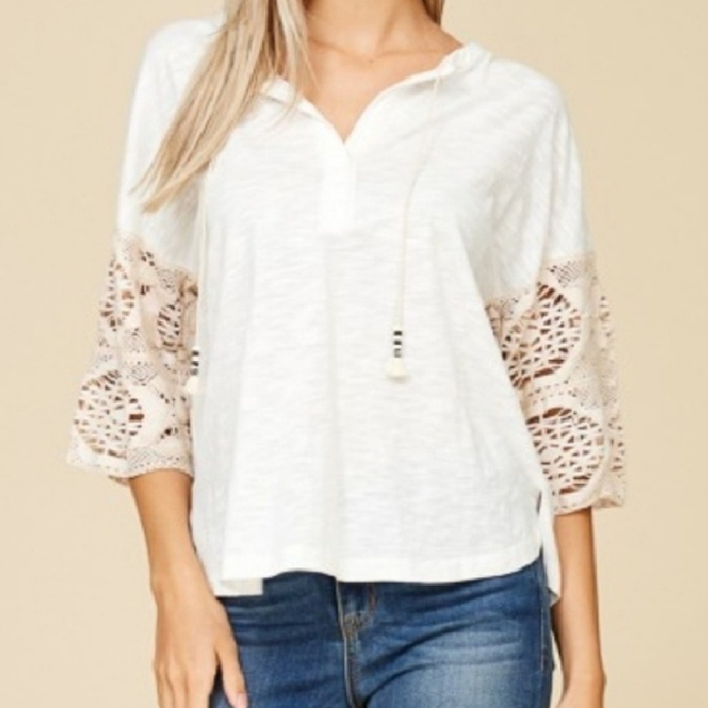 NEW Ivory Top Crochet Sleeve Cotton V Neck S to XL
